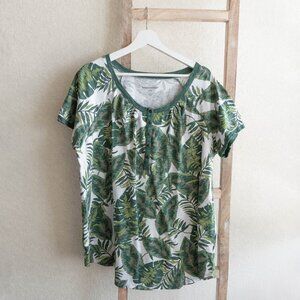 Woman Within Size 18/20 Green Tropical Leaf Print 100% Cotton Top Short Sleeves